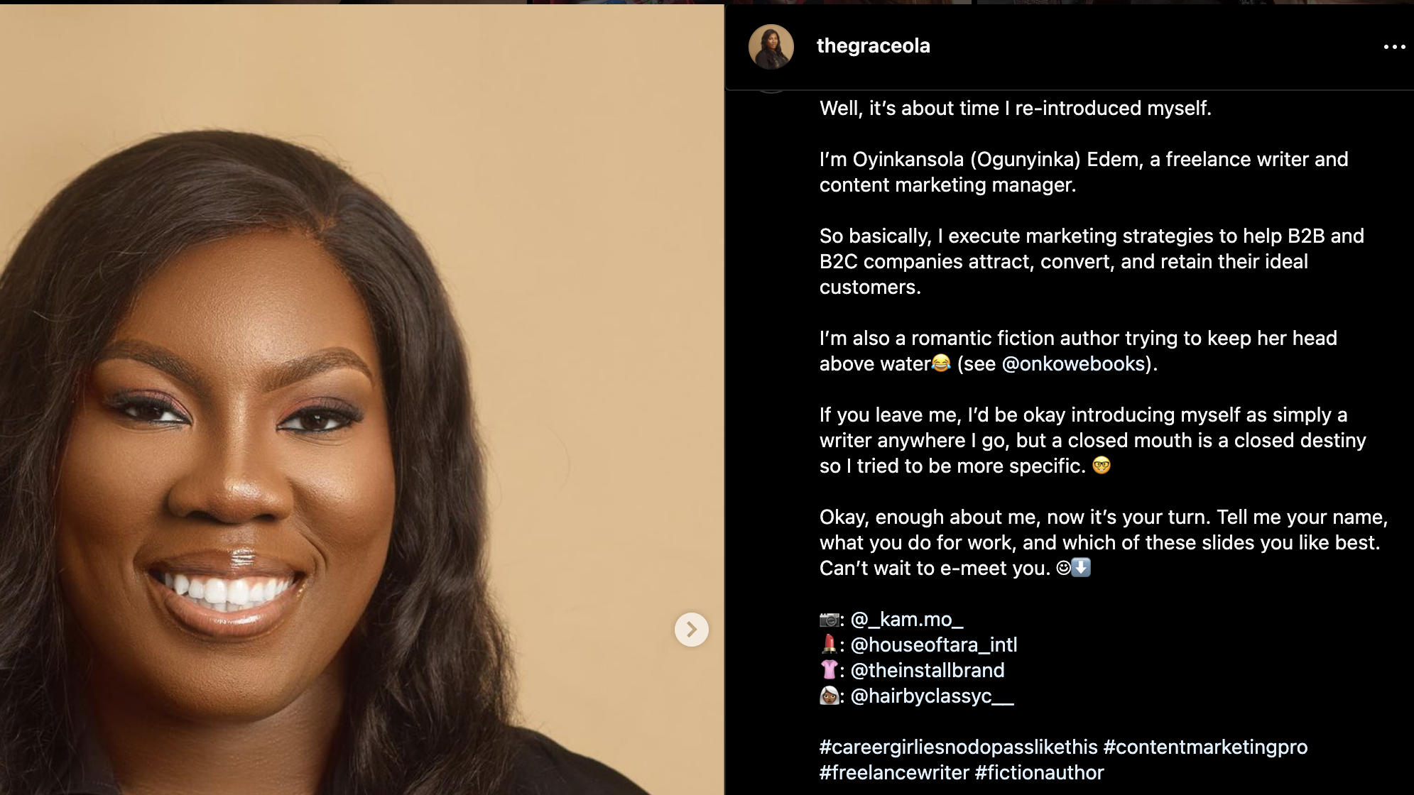 Oyinkansola Edem's Instagram post about her services and past experiences