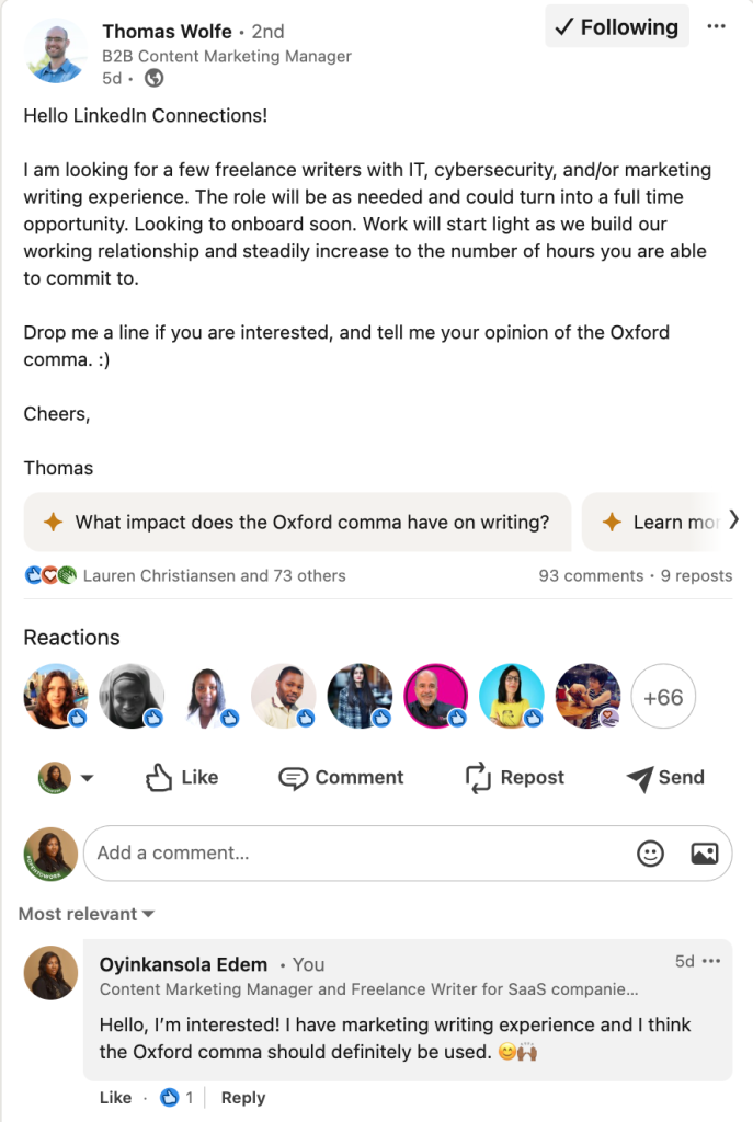 Oyinkansola Edem commenting about her interest in a freelance writing opportunity on a recruiter's LinkedIn post